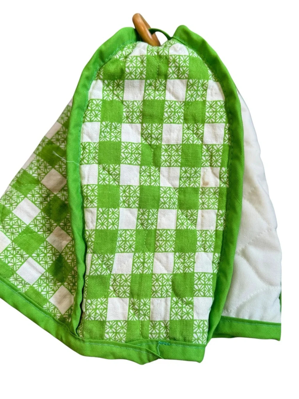 Vintage 1977 Half Apron And Appliance Cover Green White Gingham Apples Quilted